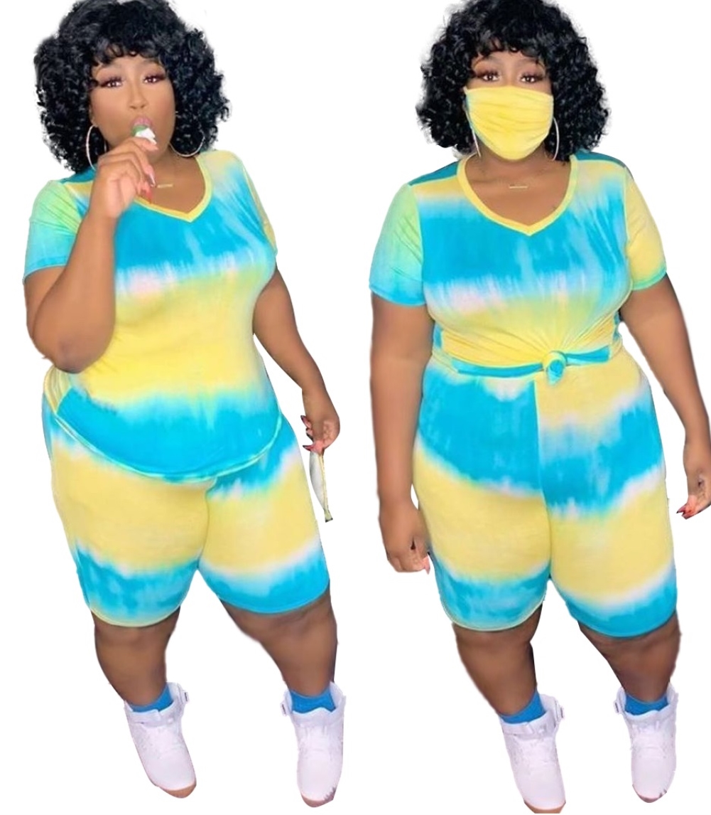 Plus Size Summer Tie Dye Two Piece Shorts Set with Face Cover
