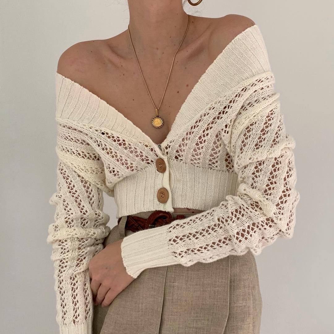 Sexy Solid Color Deep V Openwork Top