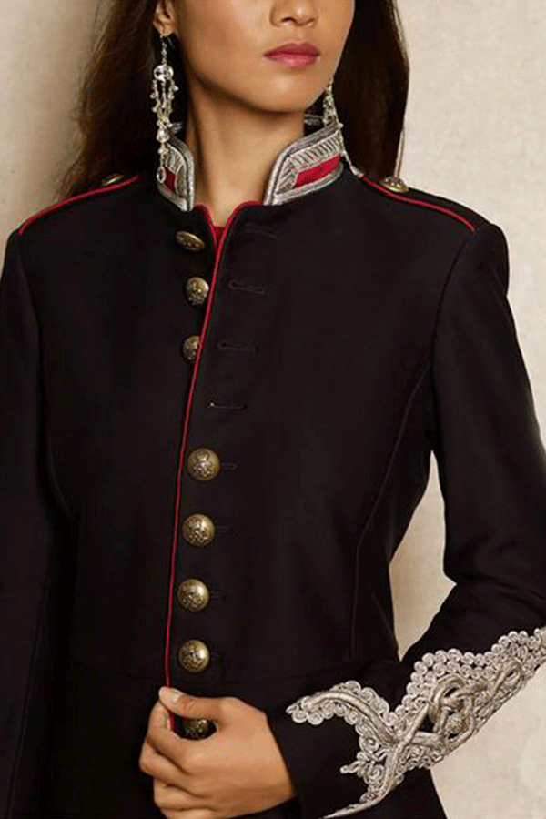 England Style Stand Collar Women Long Sleeve Decorative Button Blazer