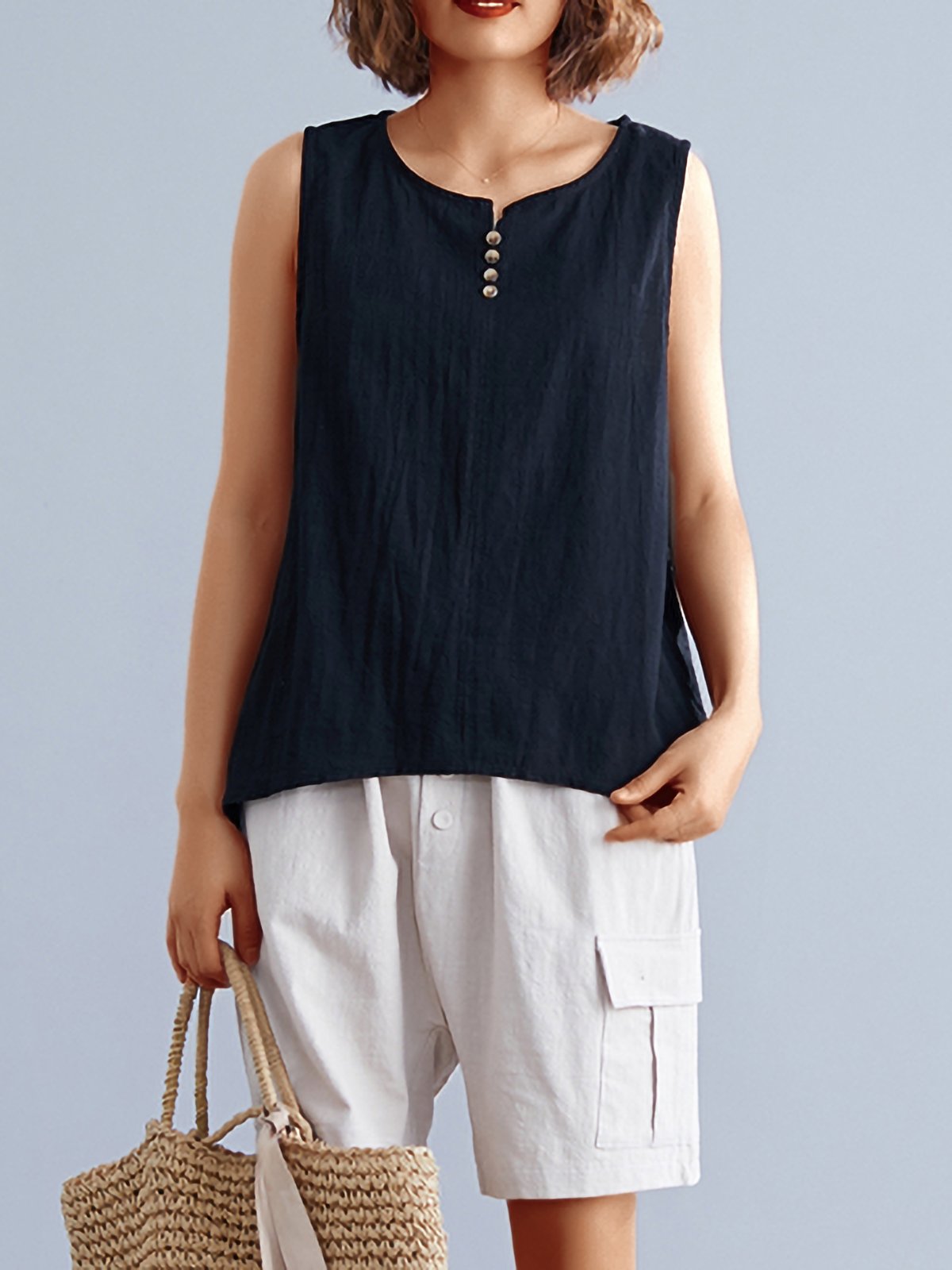 Women Solid Sleeveless Round Neck Loose Casual Vest Tops