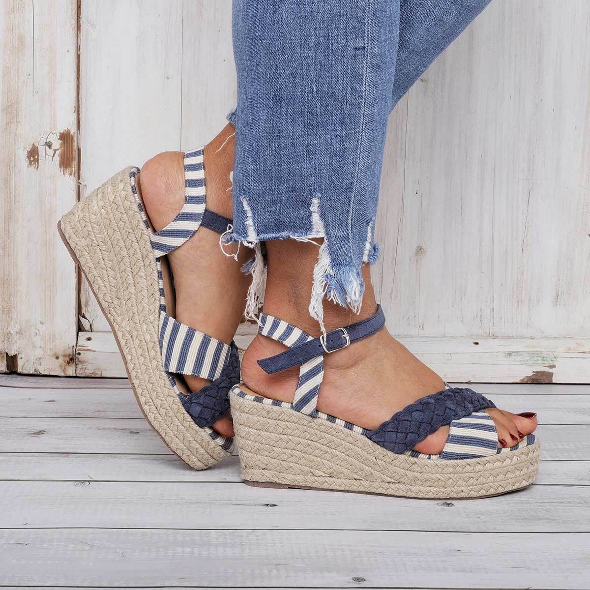 Stripes Espadrilles Sandals Buckle Strap Wedge Sandals