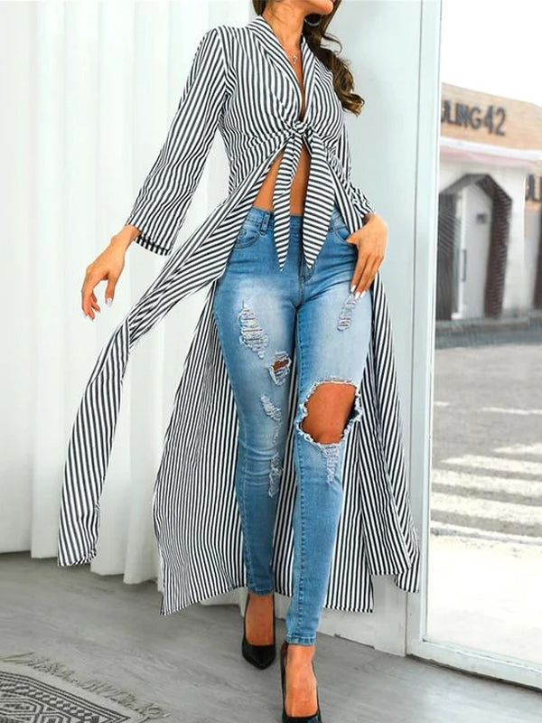 Sexy Striped Bow Long Sleeve Long Cardigan