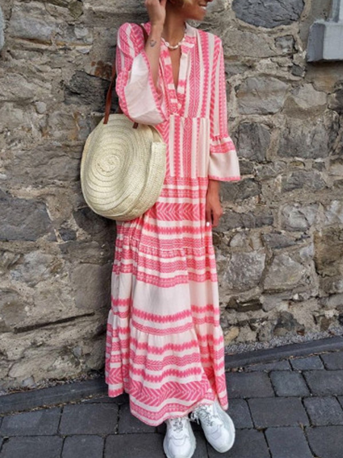 Pink Women Dresses Daily Printed Tribal Dresses
