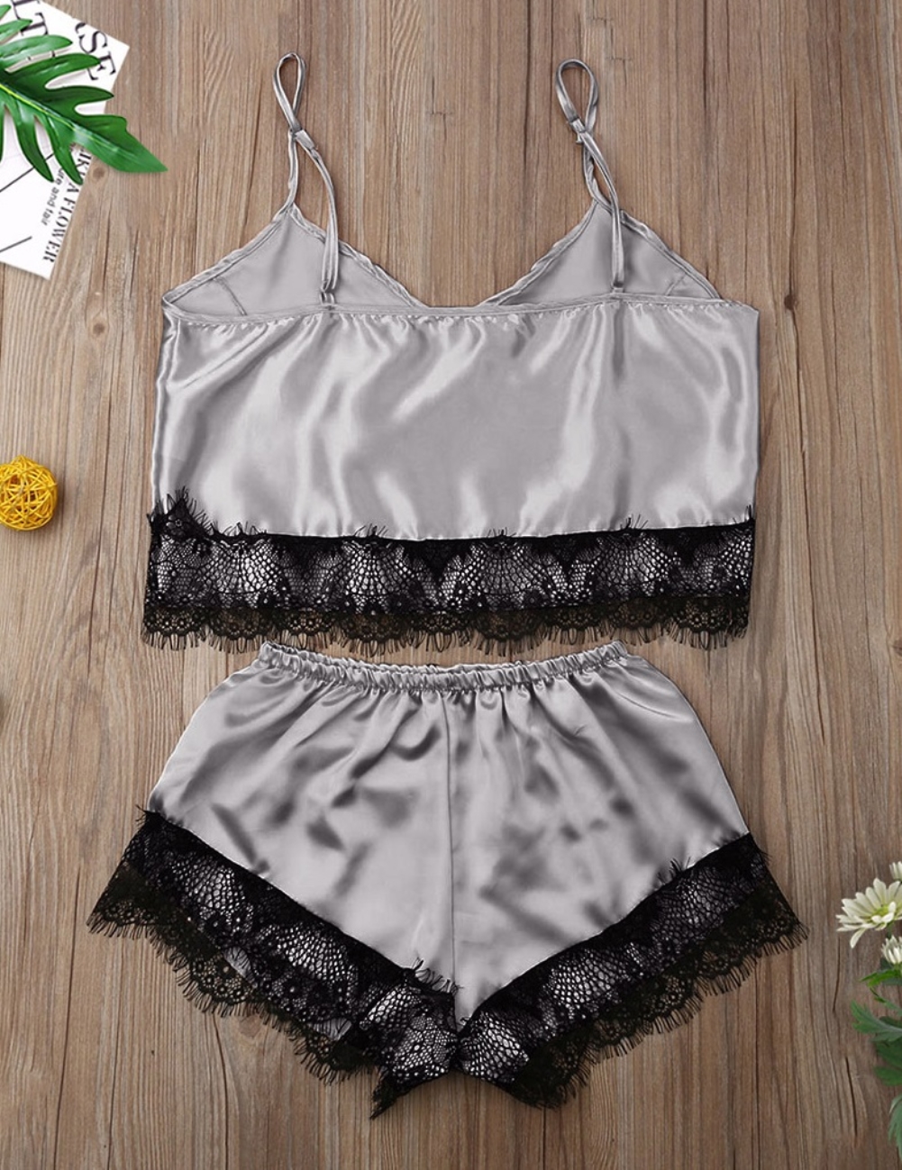 Summer Two Piece Satin Shorts Pajama Set with Lace Trims