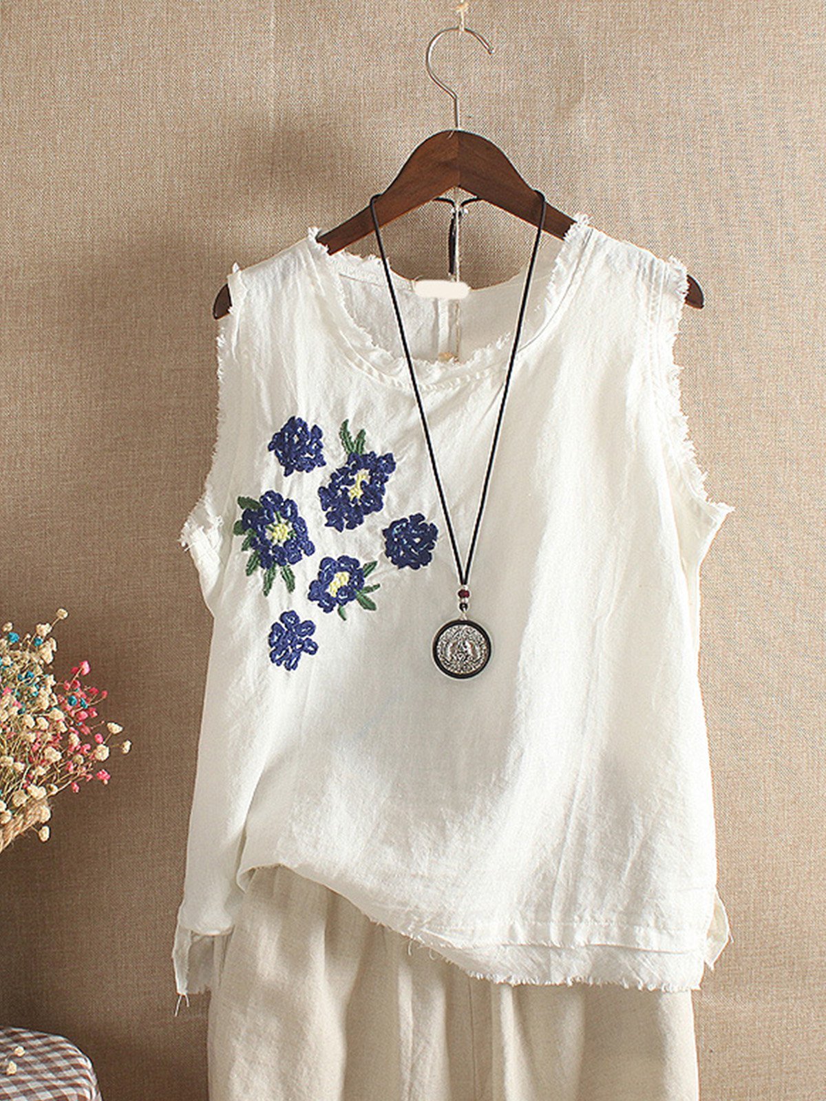 Women Casual Embroidery Tops Tunic Tank Vest