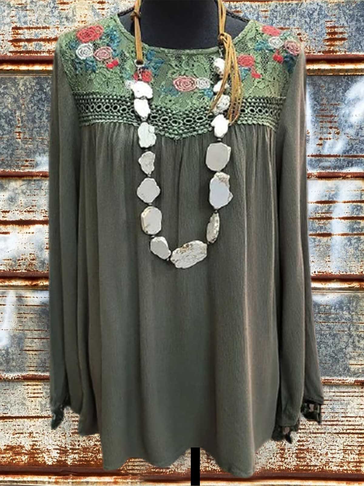 Floral Vintage Long Sleeve Crew Neck Shirts & Tops