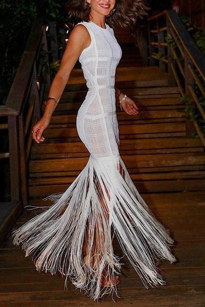 Casual Pure Colour Tassel Sleeveless Bodycon Dresses