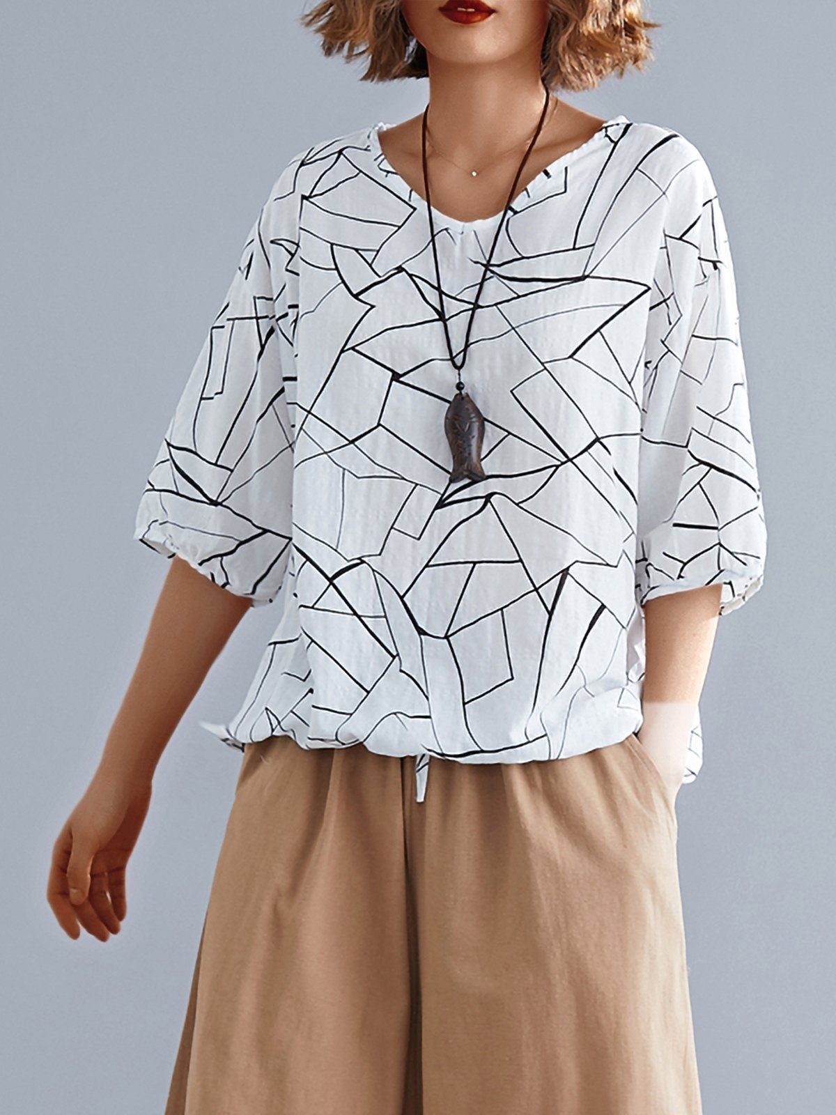 Simple Line Floral Short Sleeve Cotton And Linen Loose Casual Tops