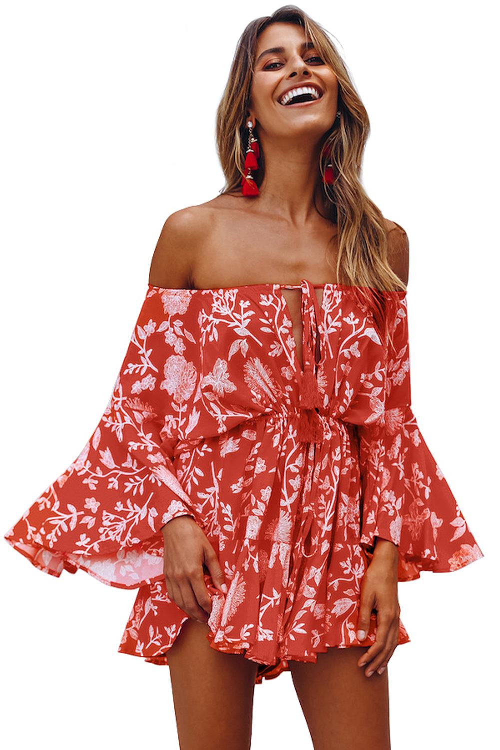 Red Off Shoulder Boho Romper