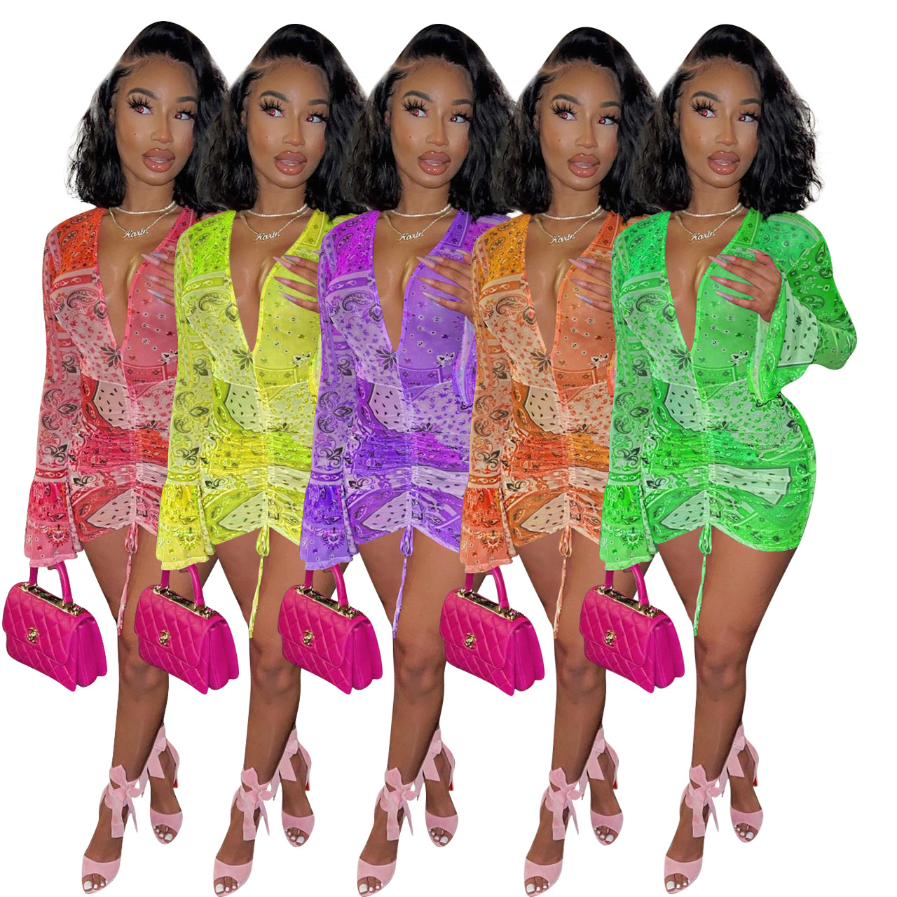 European and American women's sexy tight-fitting mesh printed deep V dress cross-border women's clothing FE091