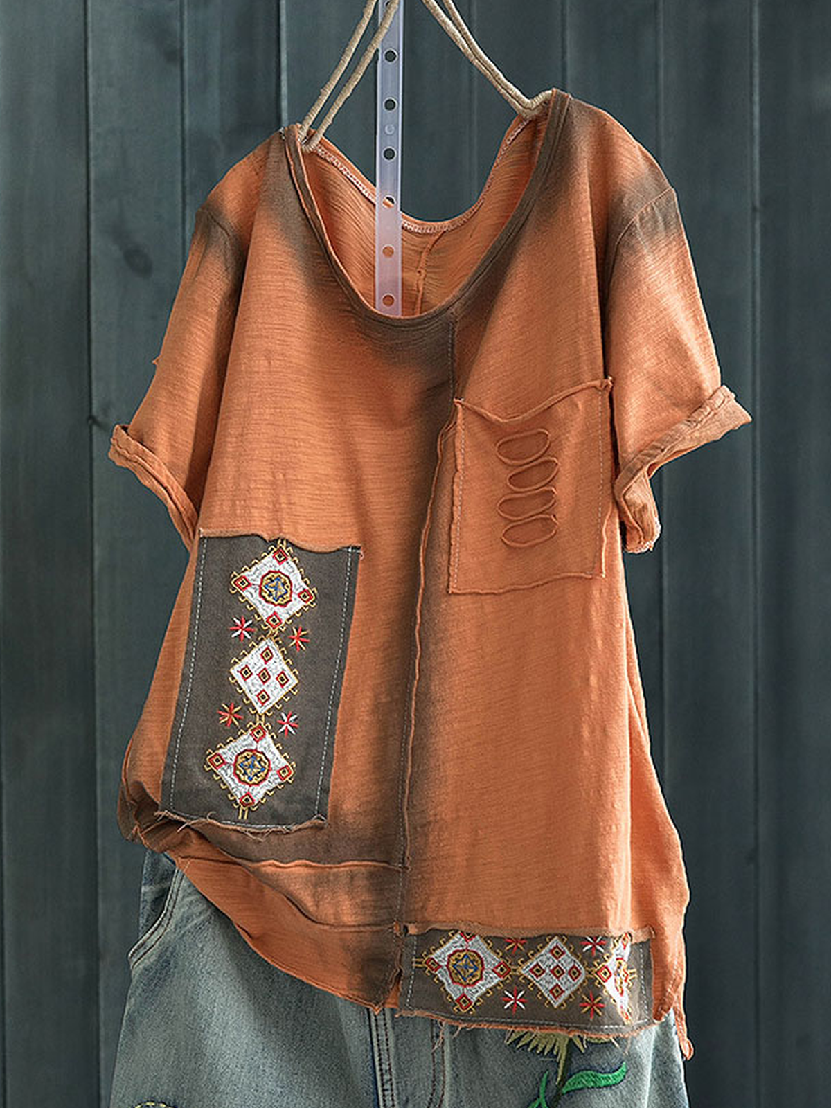 Casual Patchwork Cotton O-Neck Shirts & Tops