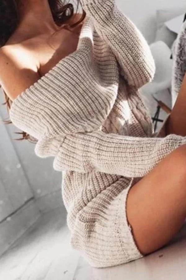 Women's Fashion Boat Neck Off-Shoulder Bag Hip Knit Dress