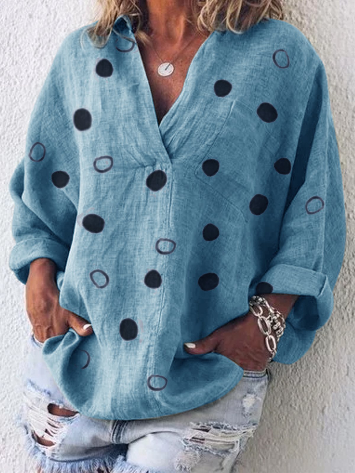 Long Sleeve V Neck Cotton-Blend Patchwork Shirts & Tops