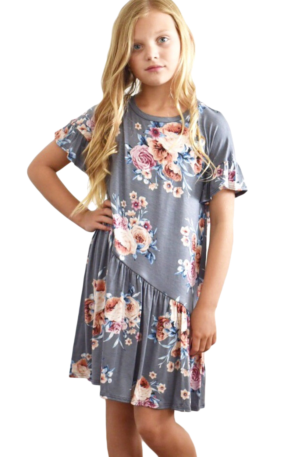 Gray Girls Floral Print Dress
