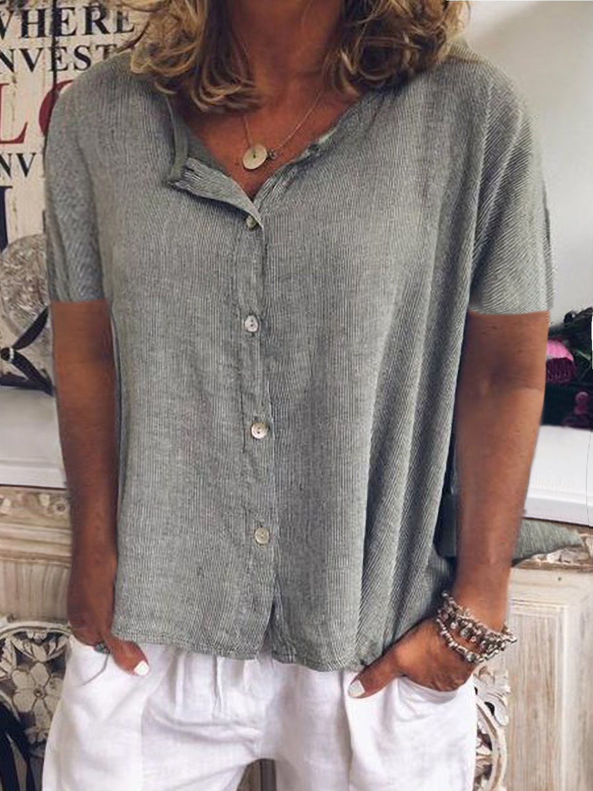 Buttoned Short Sleeve Casual Shirts & Tops