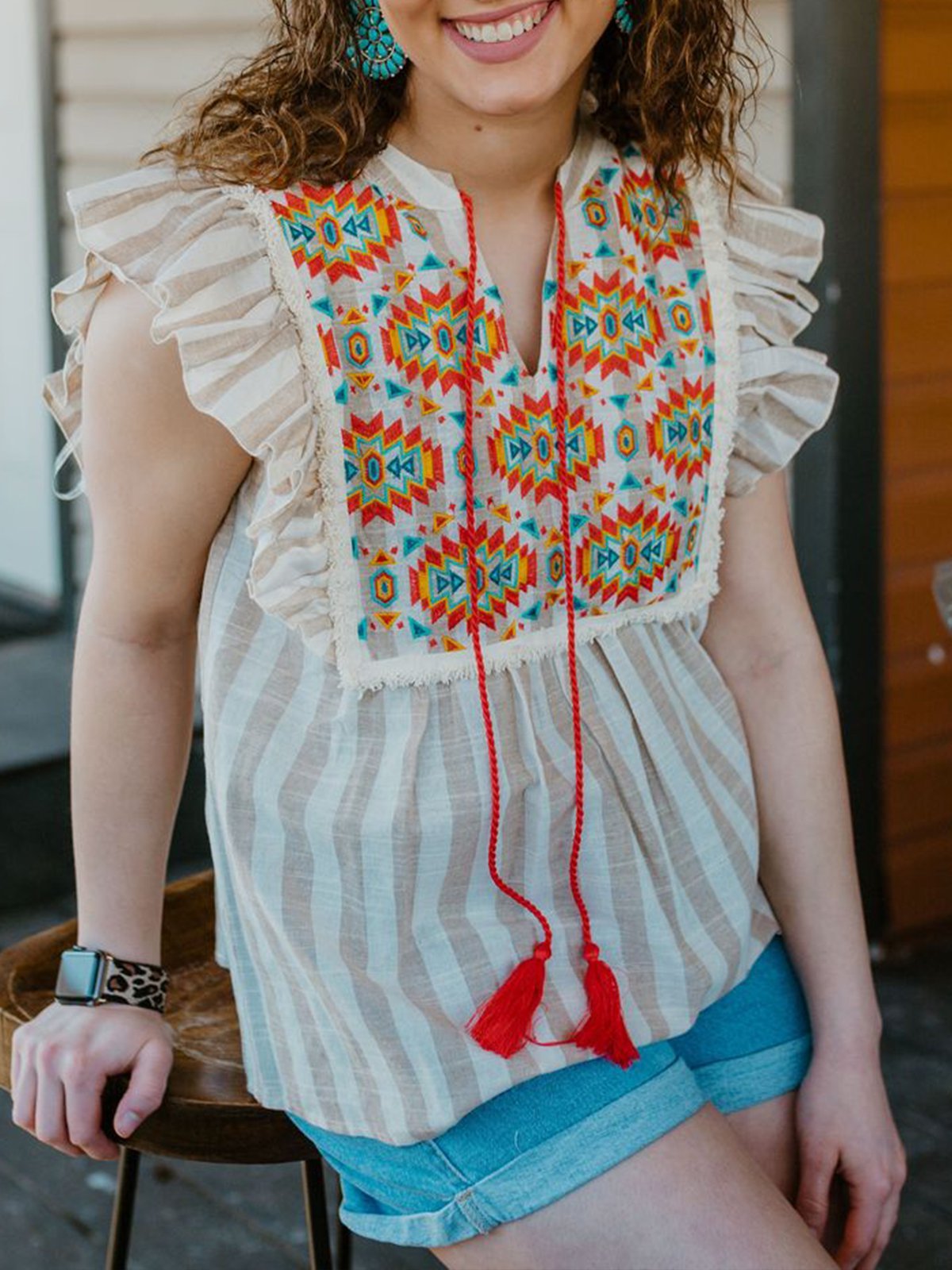 Sweet Sleeveless Boho Crew Neck Shirts & Tops