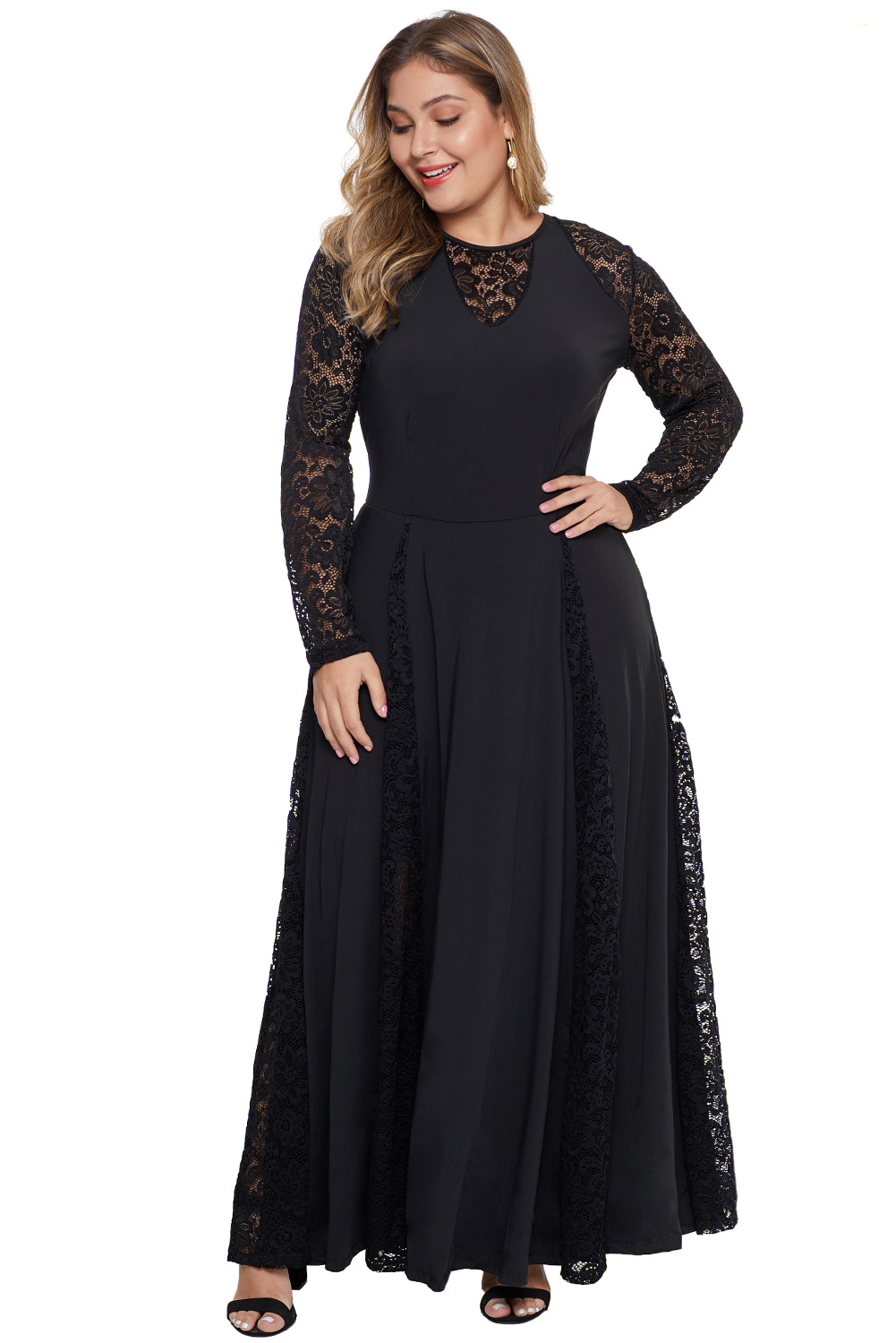 Black Night Lace Insert Plus Size Maxi Dress