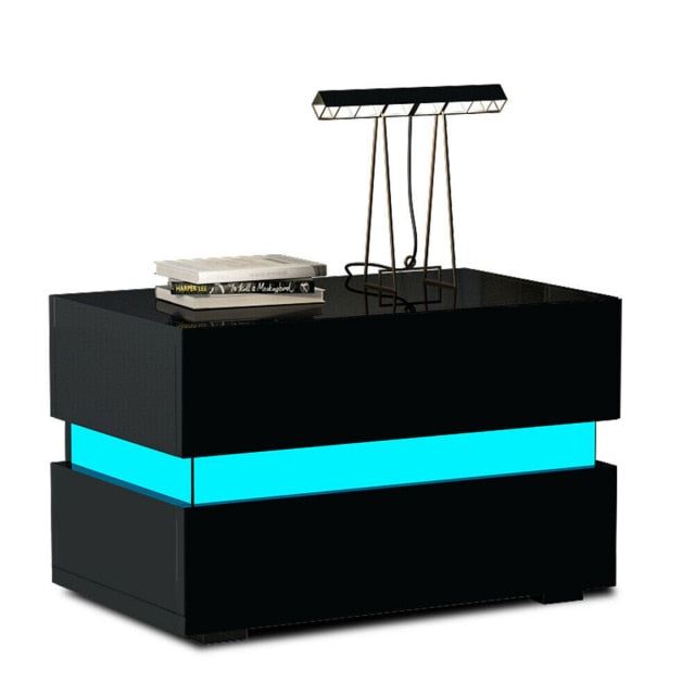 Modern LED Bedside Table High Gloss RGB Coffee Tables with 2 Drawers Sofa Side