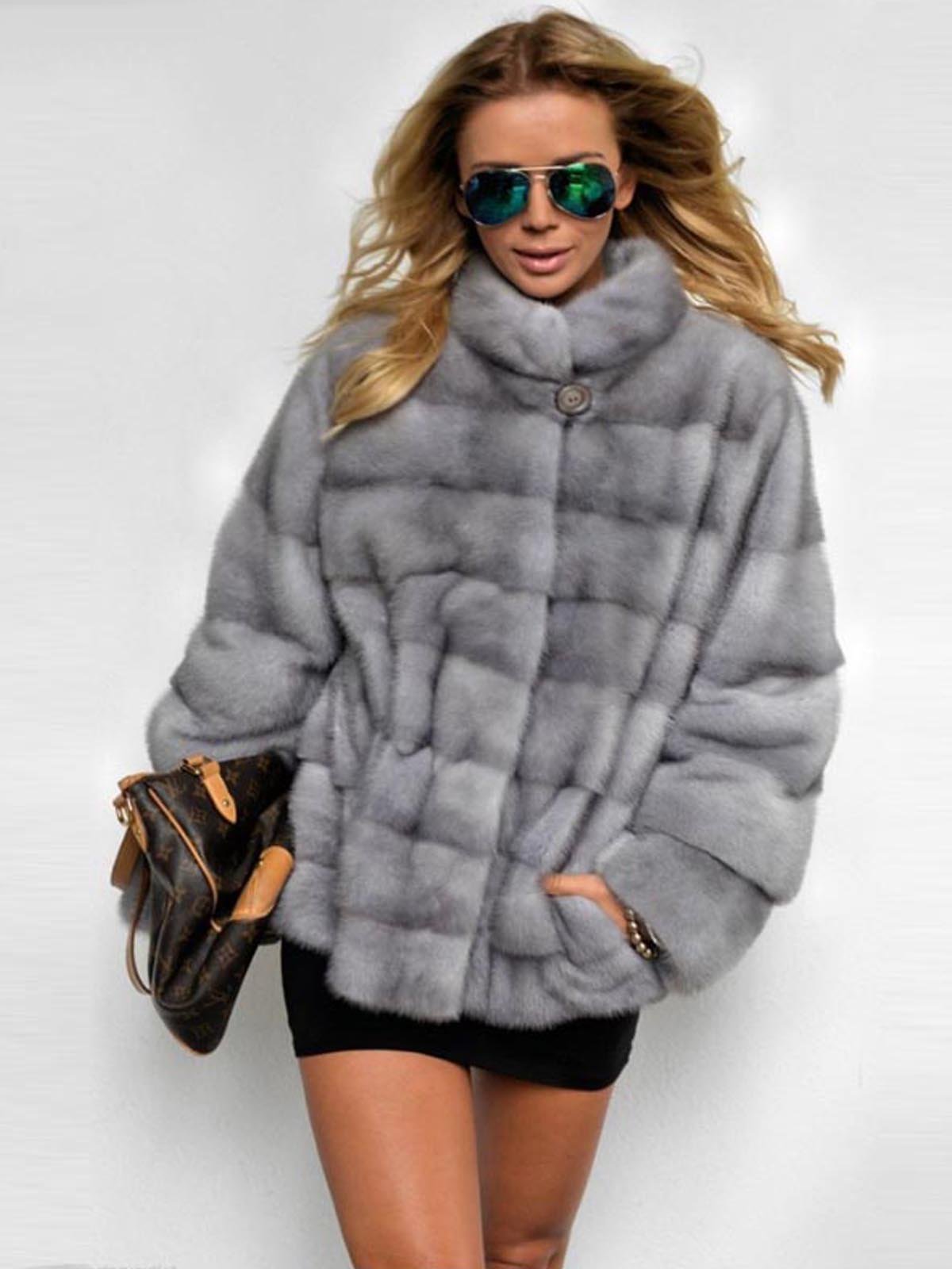 Plus Size Stand Collar Thick Faux Mink Fur Leather Parka Jacket Peacoat