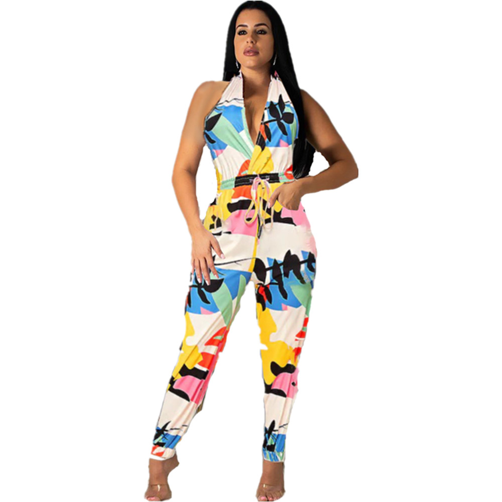 Print Colorful Drawstring Halter Jumpsuit