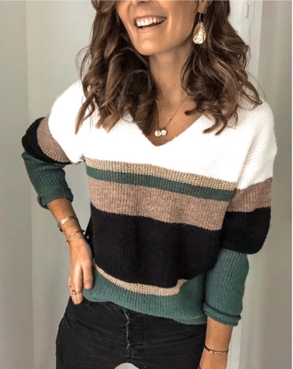 V Neck Striped Multi-Color Pullover Sweater