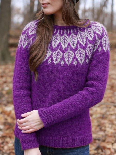 Leaf Printed Crew Neck Long Sleeve Sweaters