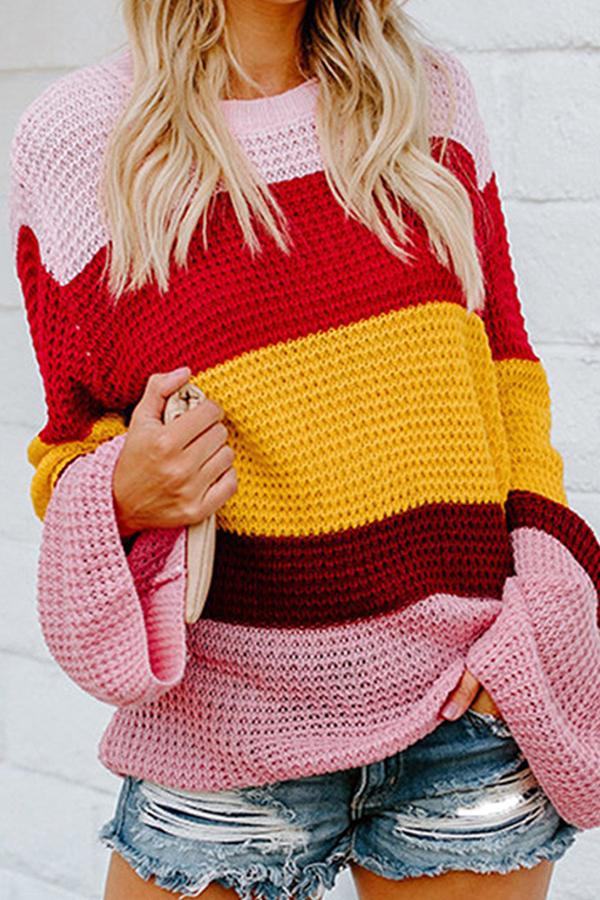 Fashion Rainbow Stitching Knit Circular Neck Sweater
