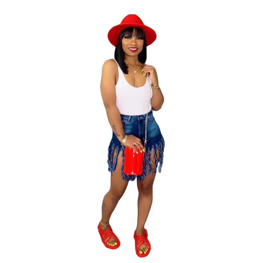 Stylish High Waist Tassels Denim Shorts
