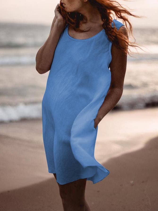 Plus Size Casual Solid Round Neck Sleeveless Pockets Dresses