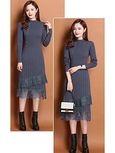 连衣裙 女士 秋冬 长袖 罗纹针织连衣裙 蕾丝