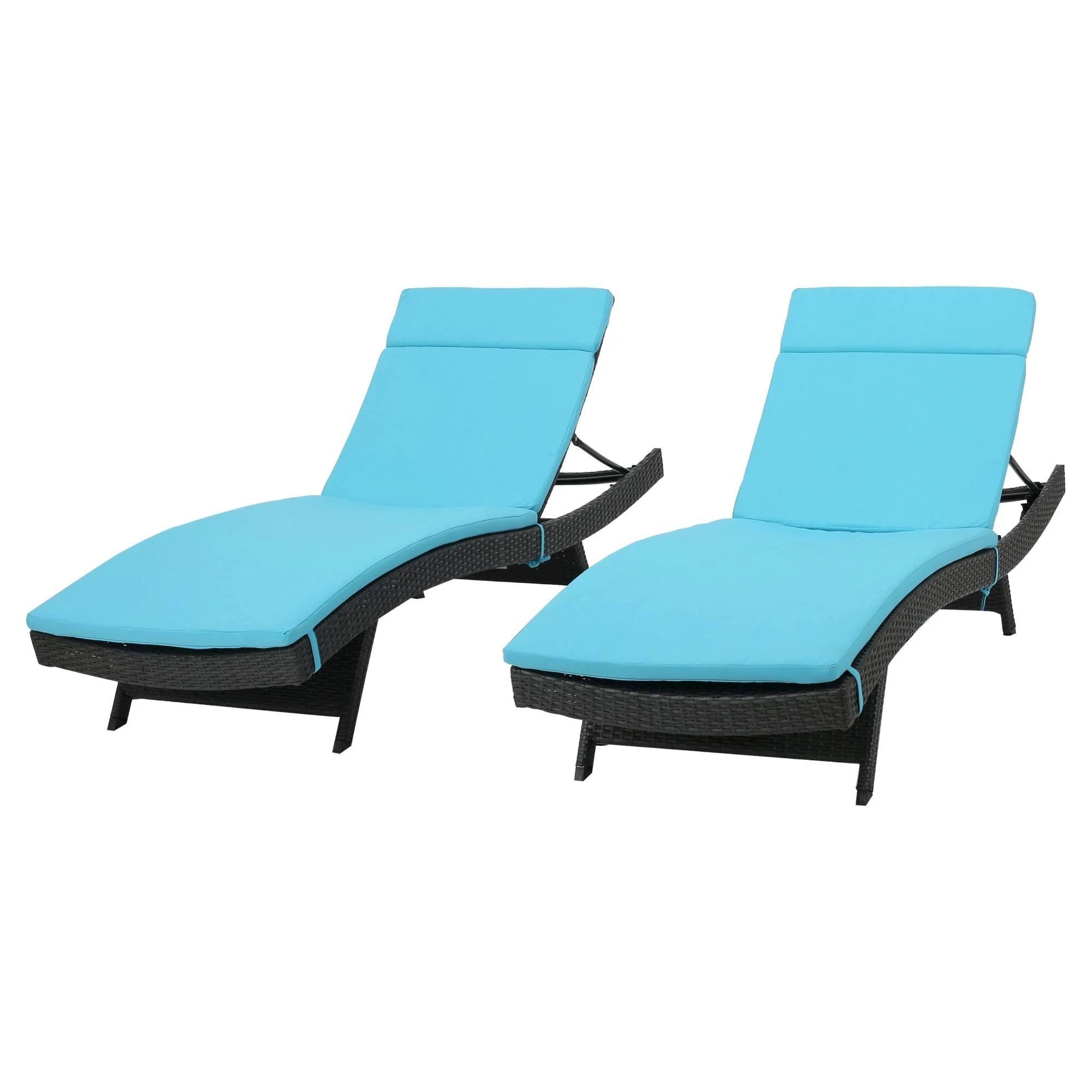 Outdoor Adjustable Chaise Lounge with Blue Cushion - Set of 2