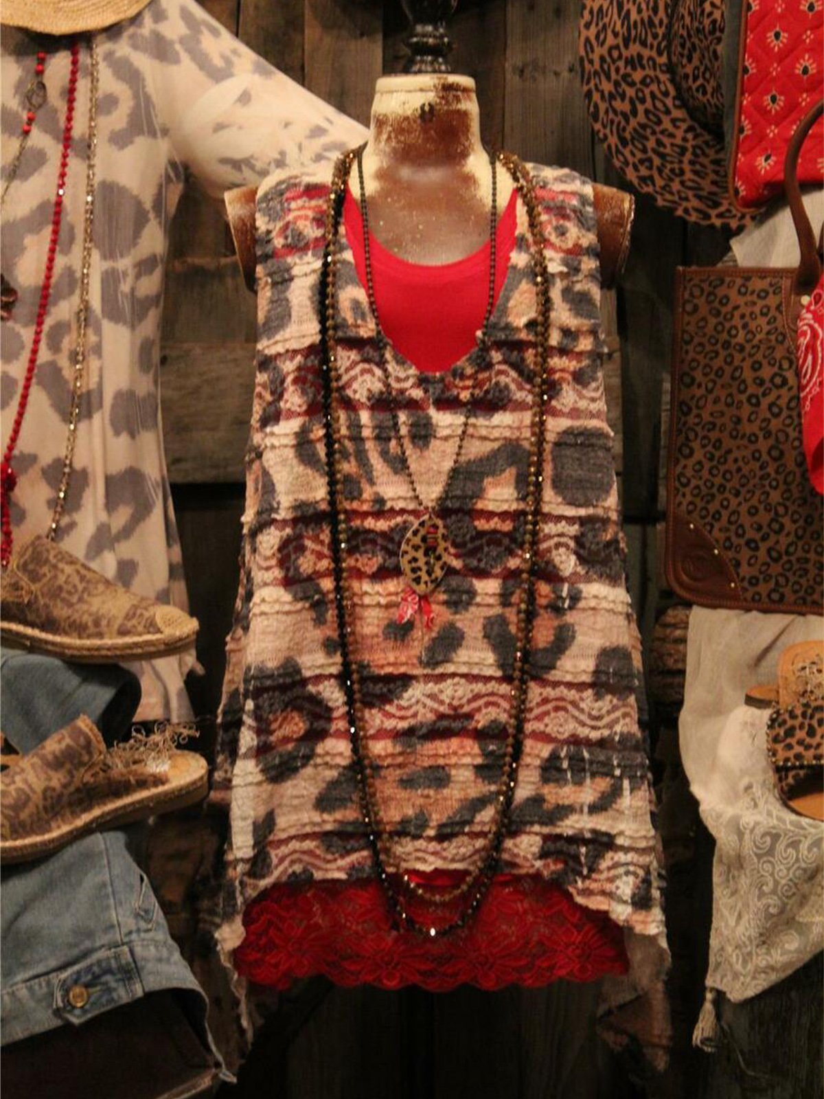 Leopard Floral-Print Boho Sleeveless Shirts & Tops