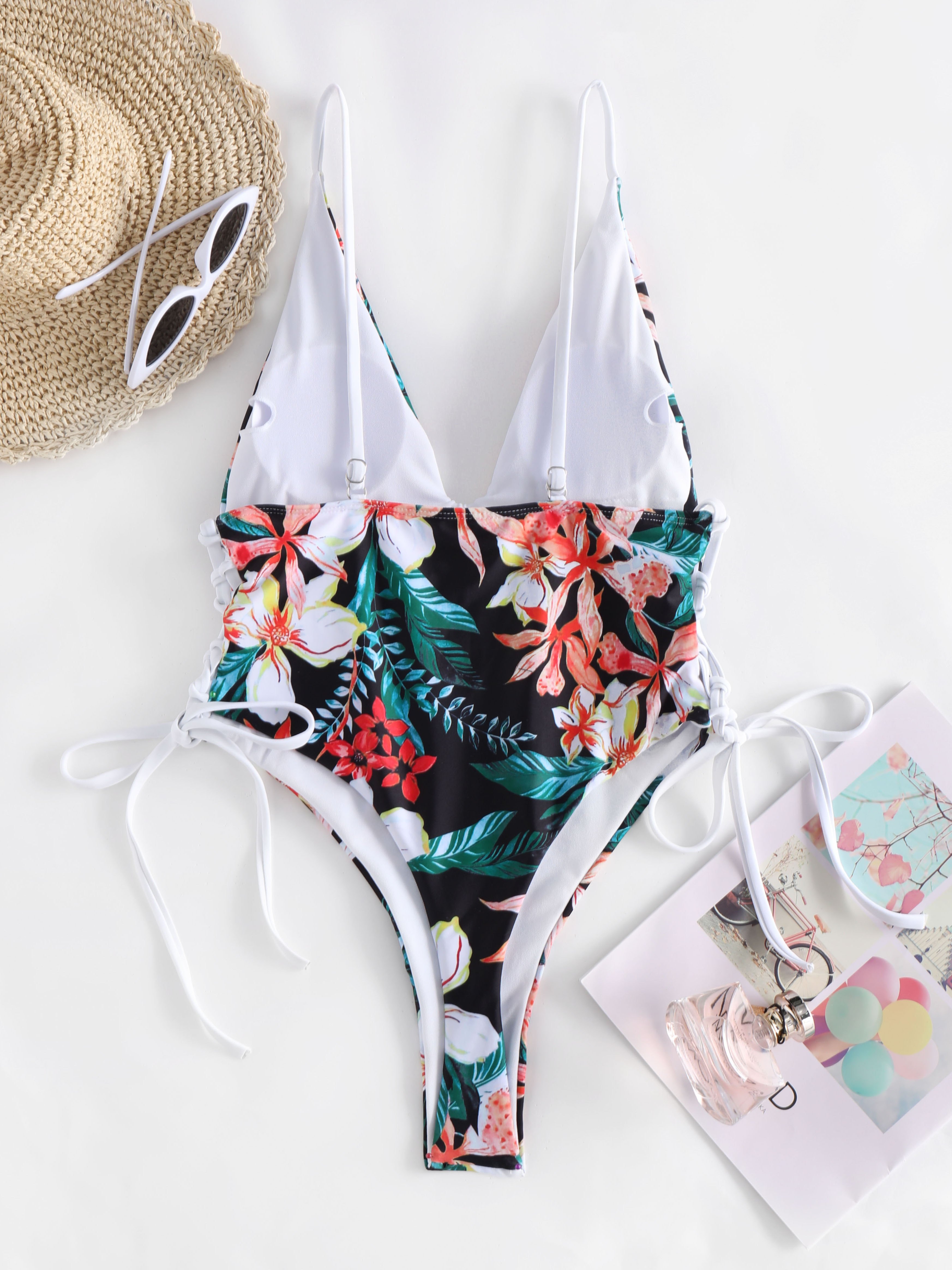 Flower Print Tie Side Plunging Swimsuit