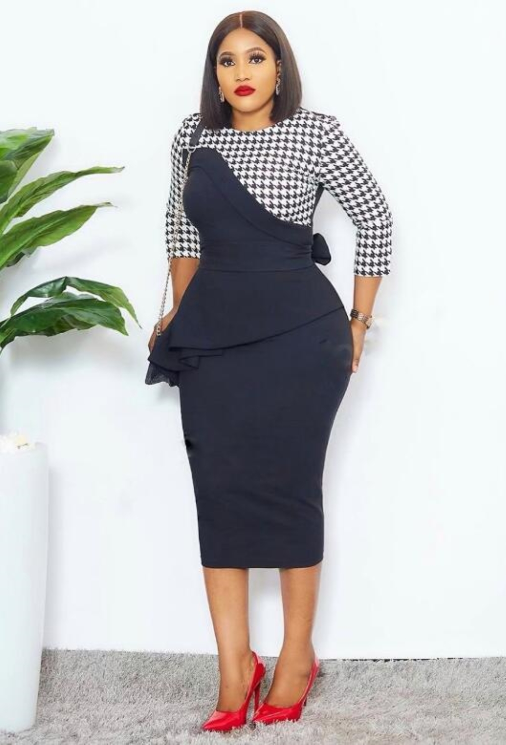 Plus Size Print Mature Peplum Midi Dress