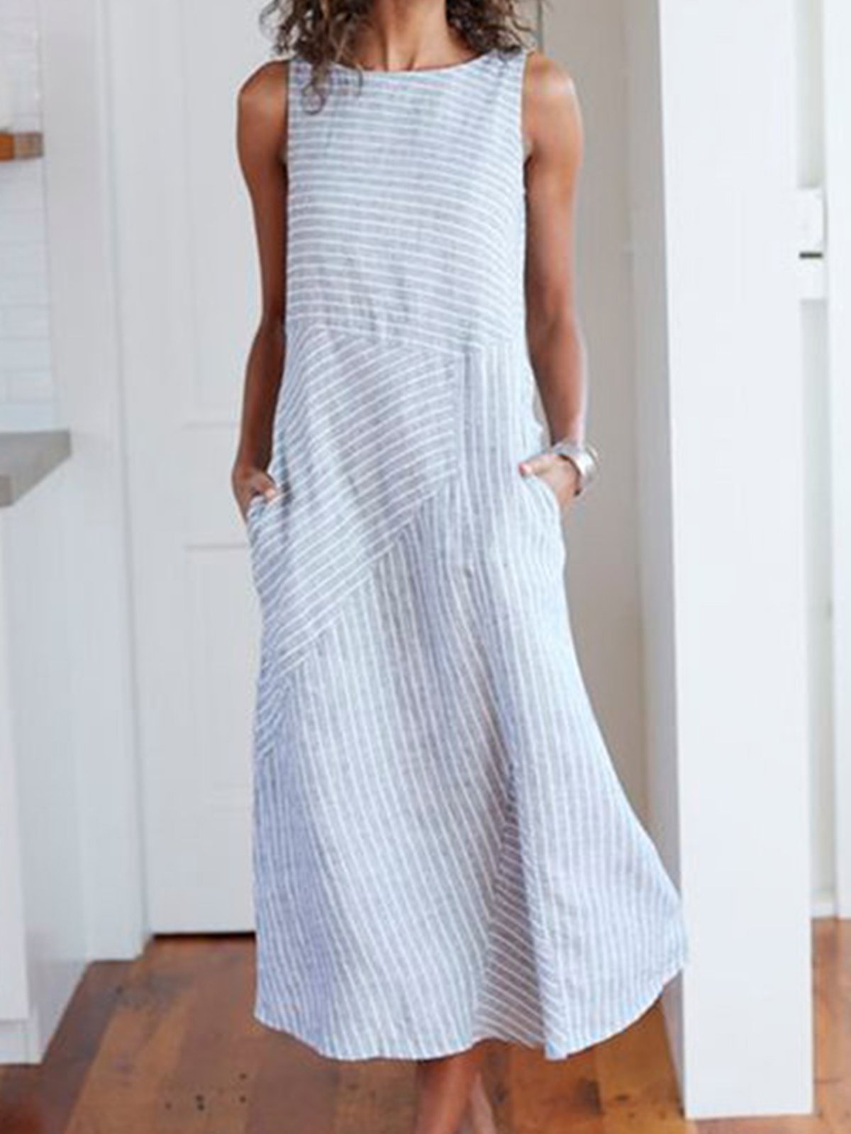 Women Casual Dress Cotton Striped Crew Neck Shift Daily Dresses