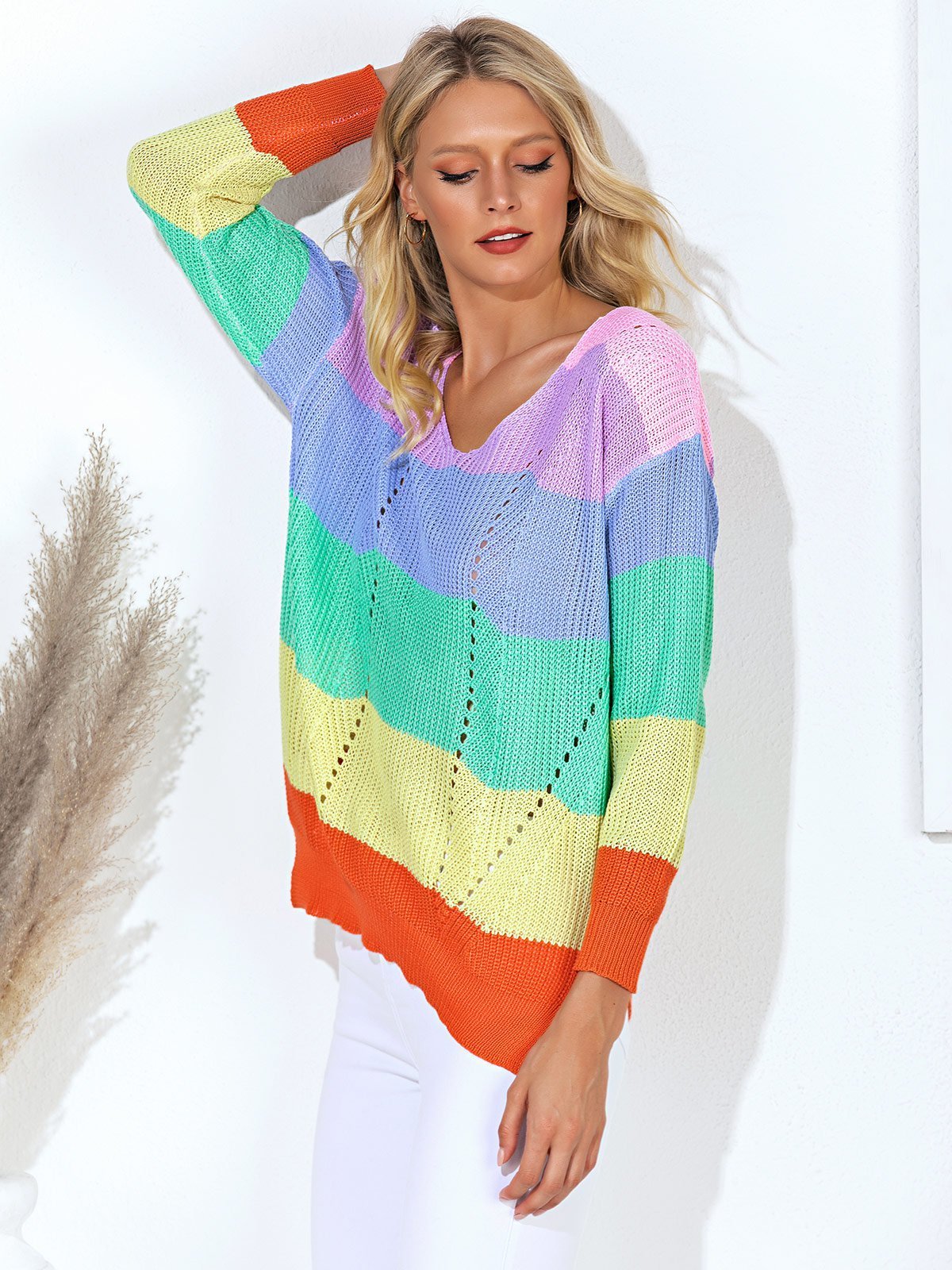 Multicolor Color-Block Striped Eyelet Long Sleeve Sweaters