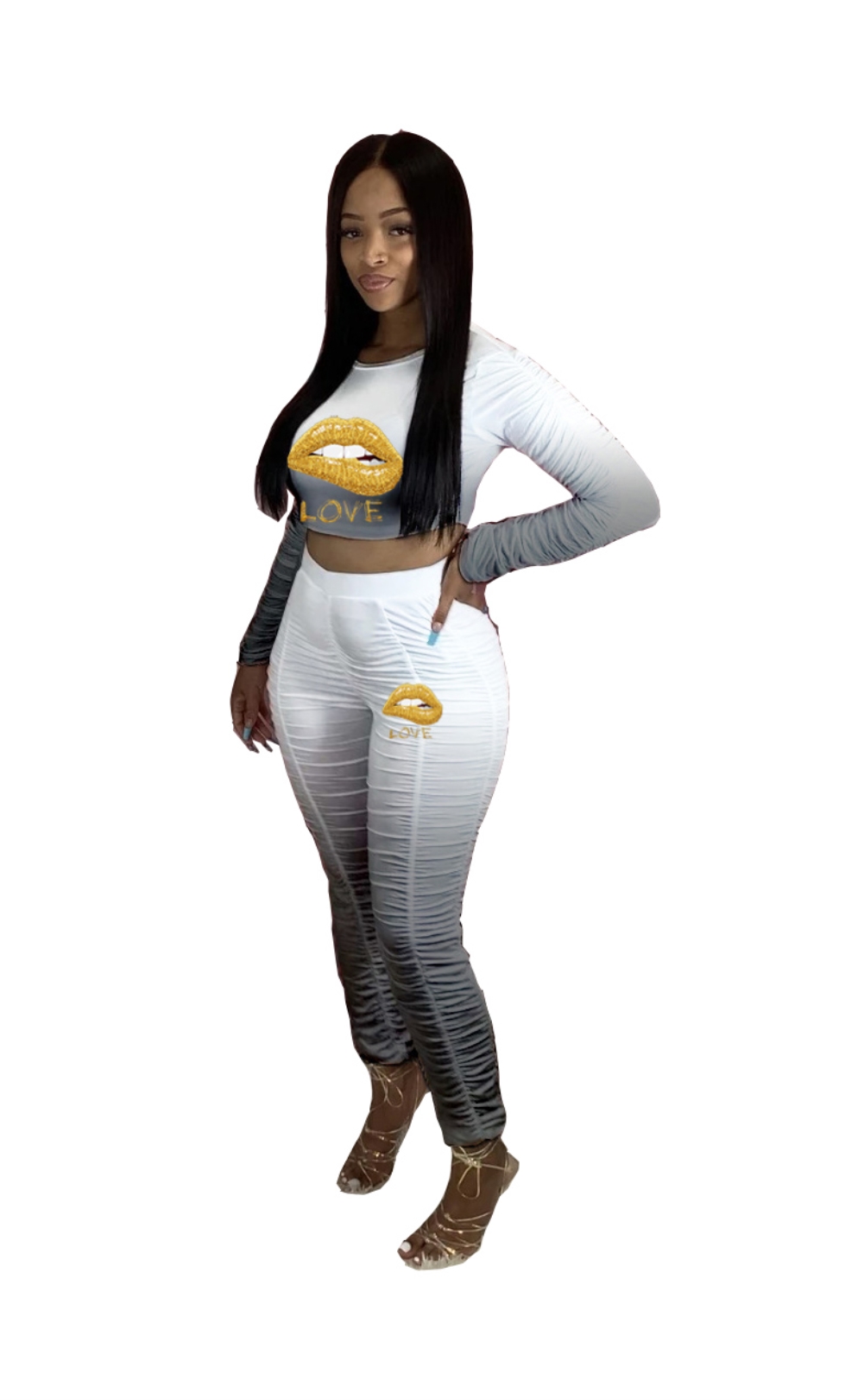 Fall Lips Print Two Piece Ruched Pants Set