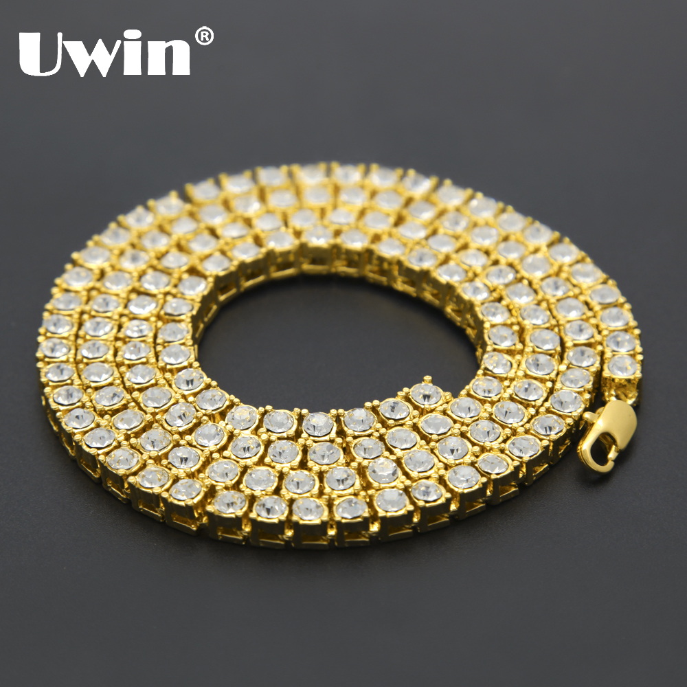 Uwin Men's Hip Hop Bling Bling Iced Out Tennis Chain 1 Row Necklaces Luxury Brand Silver/Gold Color Men Chain Fashion Jewelry