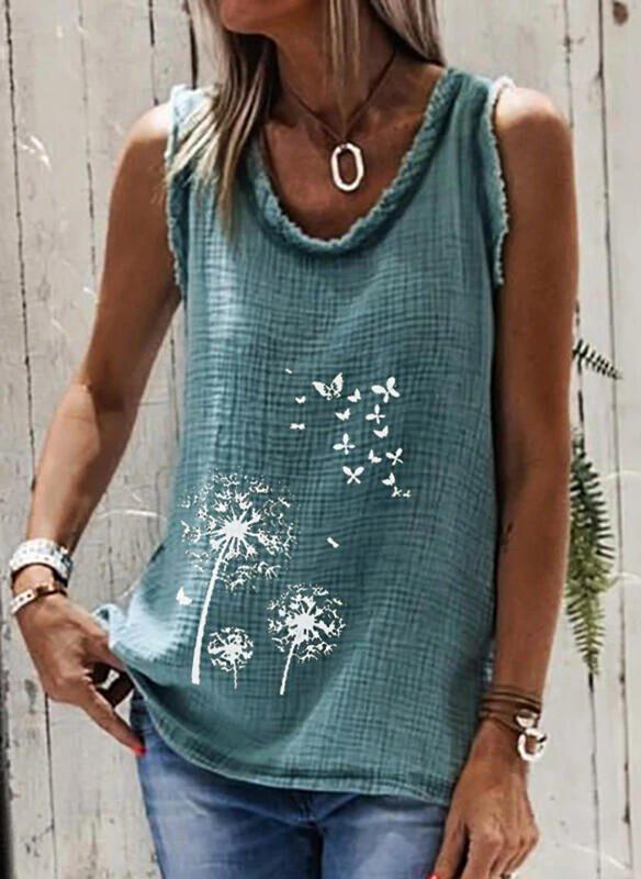 Dandelion Print Round Neck Sleeveless Casual Tank Tops