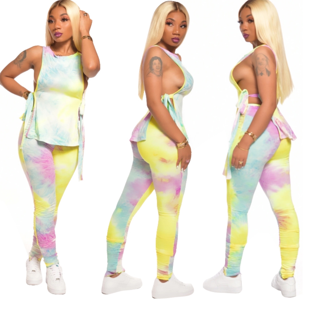 Sexy Tie Dye Knotted Shirt and Stacked Pants Set