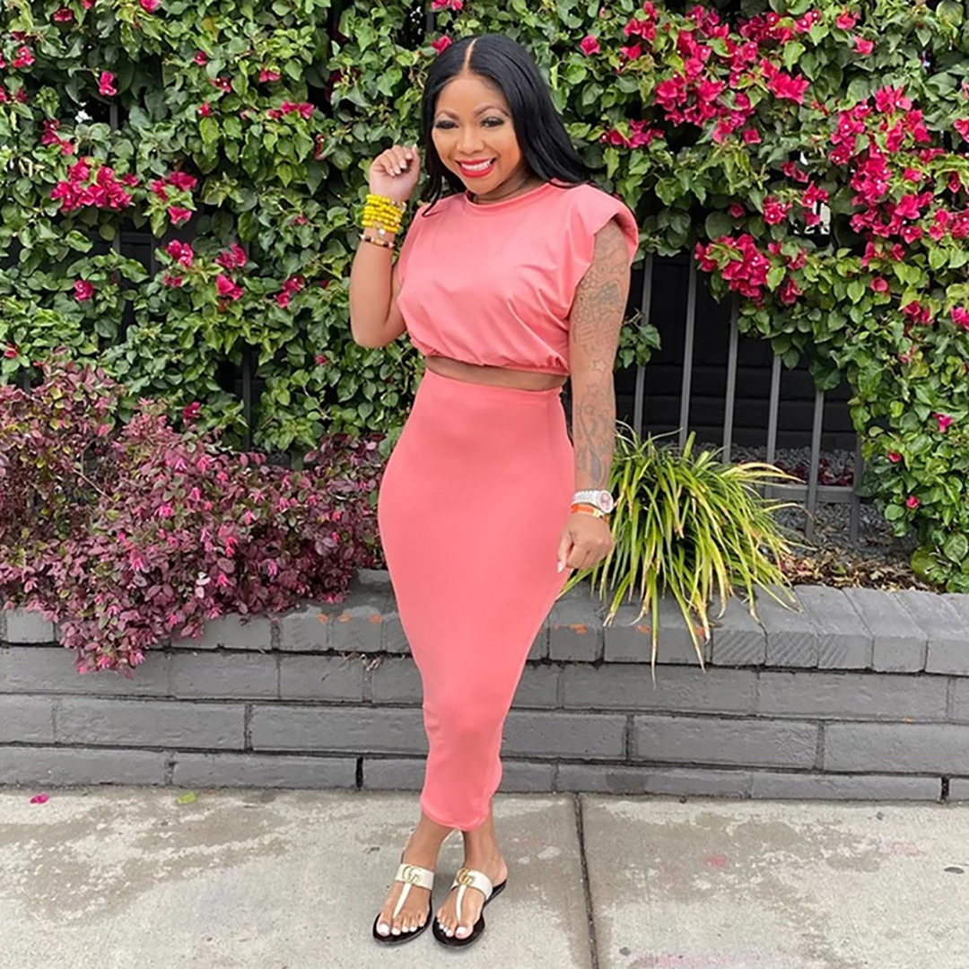 European and American women's 21 summer two-piece suit sleeveless padded T-shirt one-step skirt all-match fashionable casual suit H8912