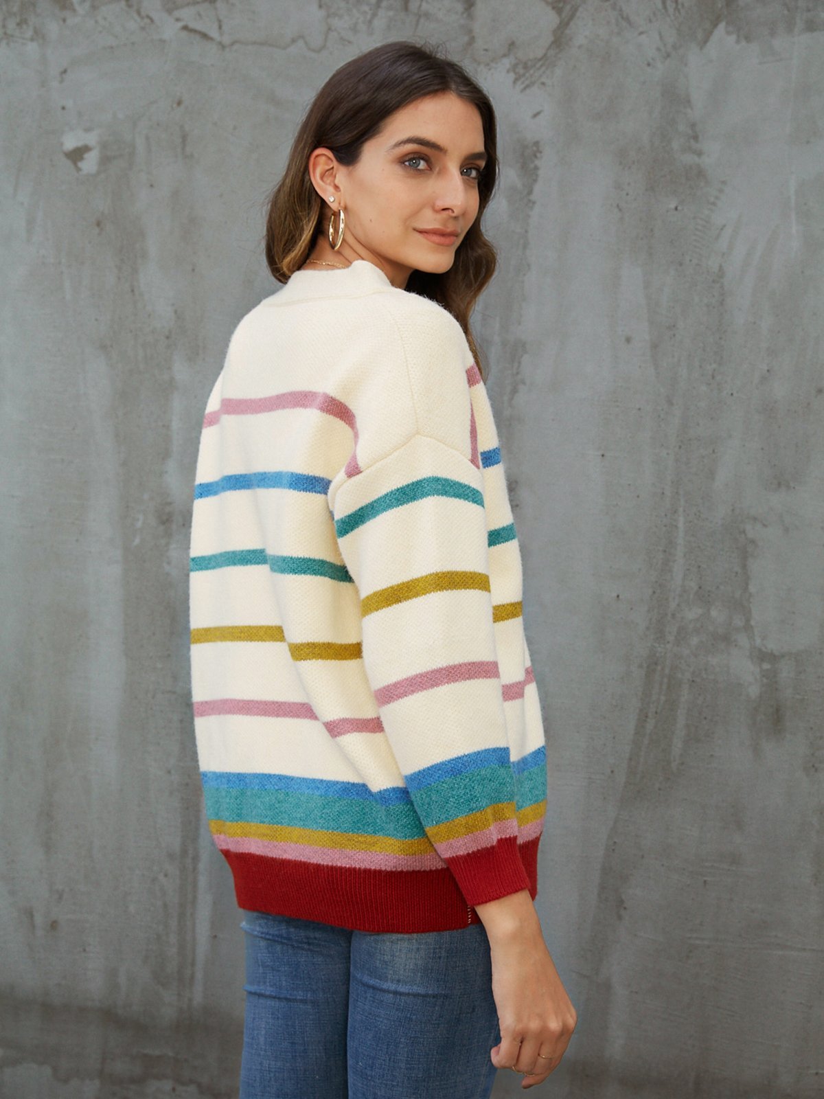 Beige Long Sleeve V Neck Sweater