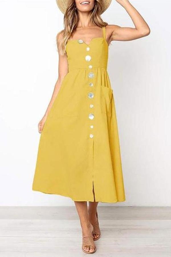 Fashion Off Shoulder Plain Button Embellished Vacation Dress