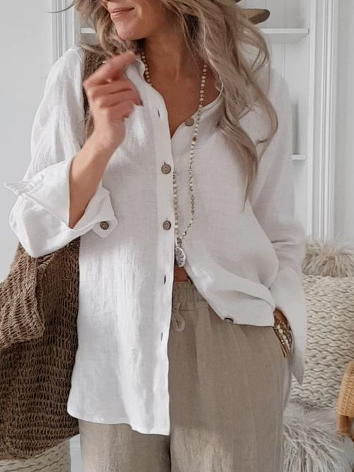 Cotton-Blend Casual Solid Shirts & Tops