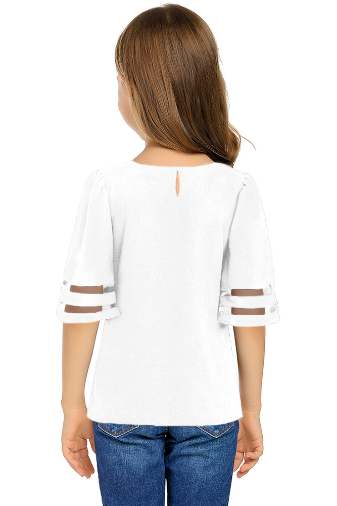 White Girl's 3/4 Bell Sleeve Mesh Panel Blouse