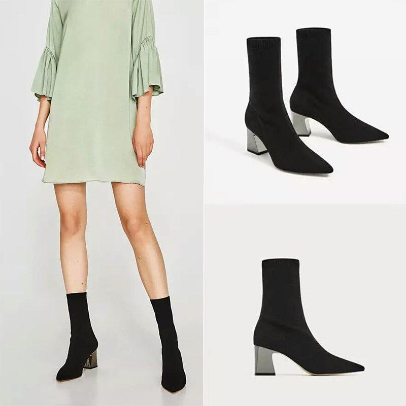 Flyknit Fabric Pointed Toe Dressing Shoes Women Mid-Calf Boots