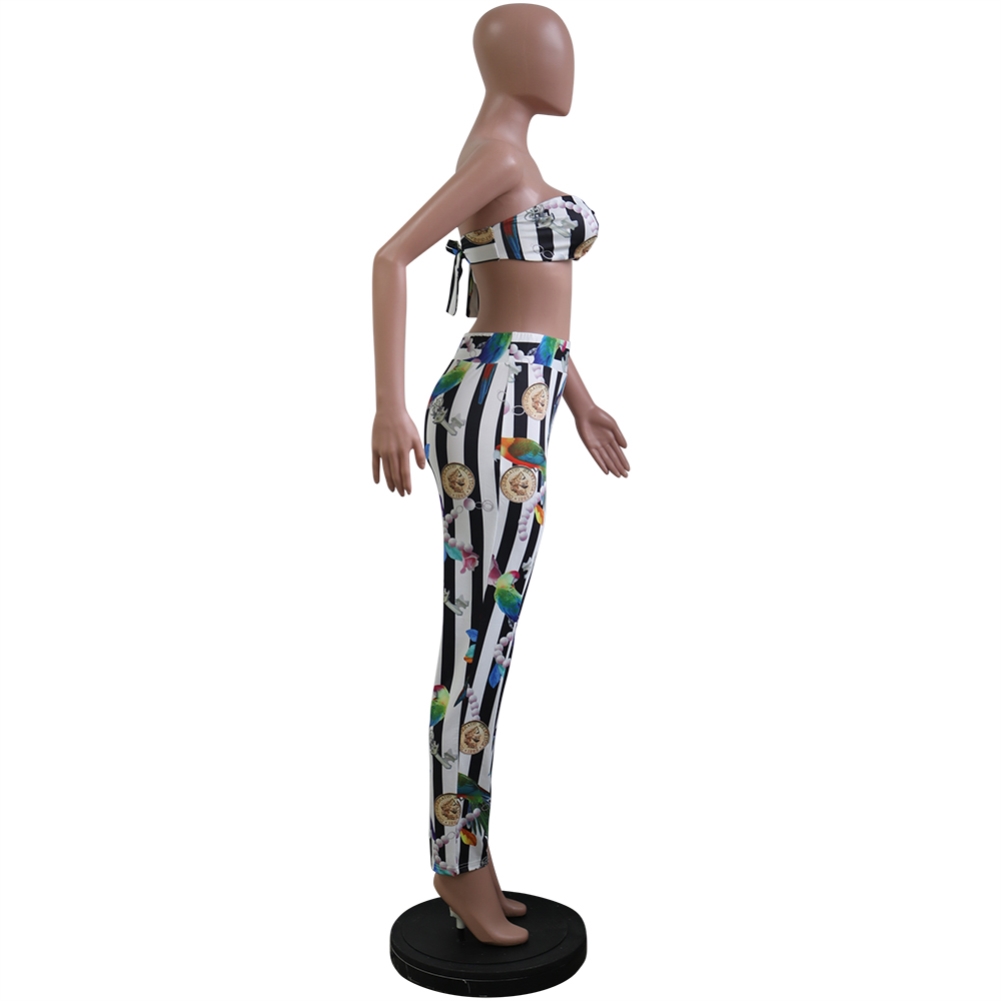 White and Black Print Bra Top and Pants Set