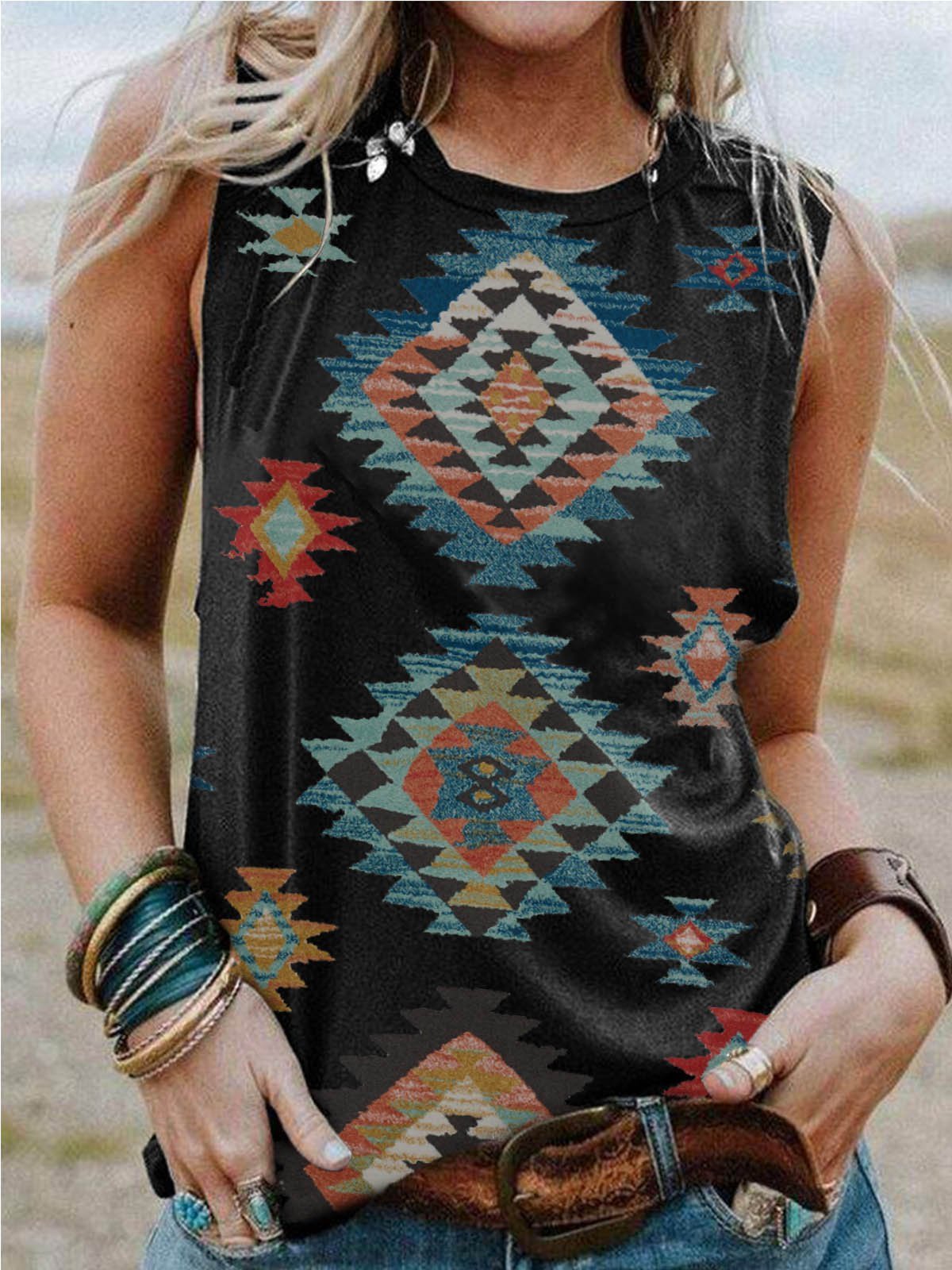 Short Sleeve Casual Crew Neck Geometric Shirts & Tops