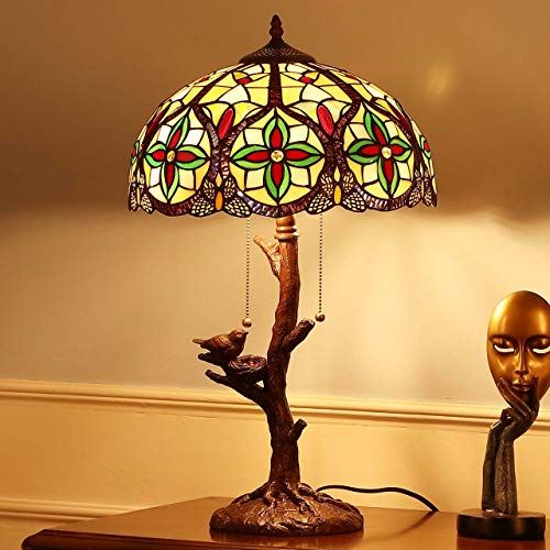 Table Lamp with 14 inches Wide Lampshade and Bird Nest Tree Trunk Base