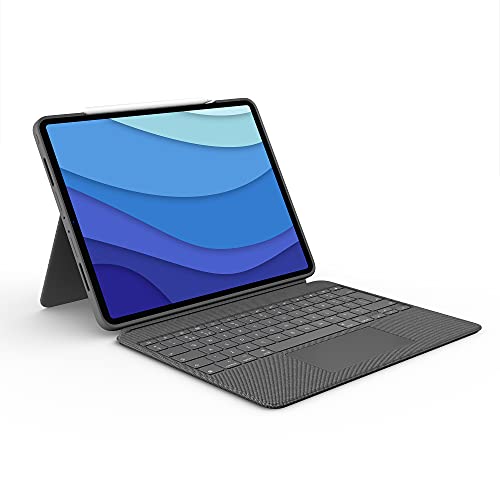 批量编辑--Logitech 罗技 Combo Touch iPad Pro 12.9 英寸(* 5 代 - 2021 年) 键盘保护套 - 可拆卸背光键盘带支架,点击式触控板,智能连接器 - QWERTY 英国英语布局 - 灰色